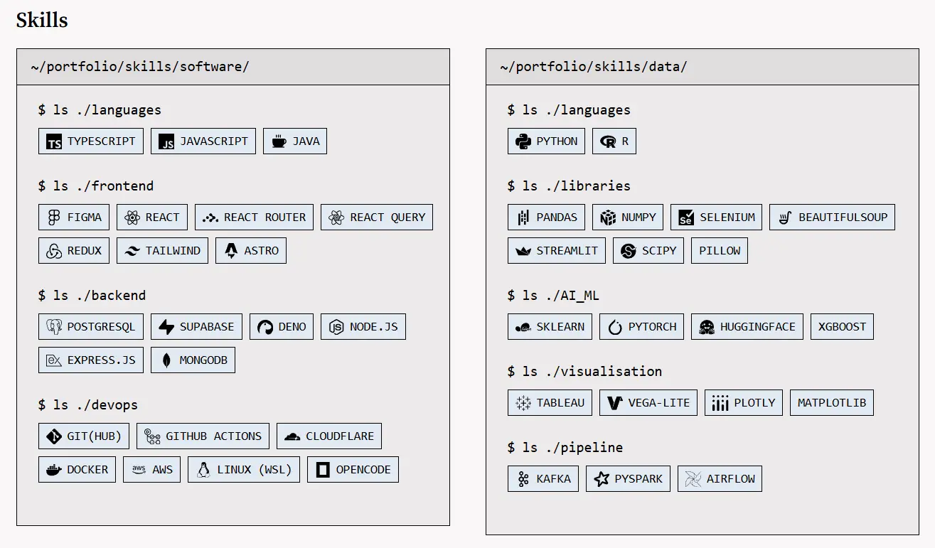 Skills terminal showing software and data categories